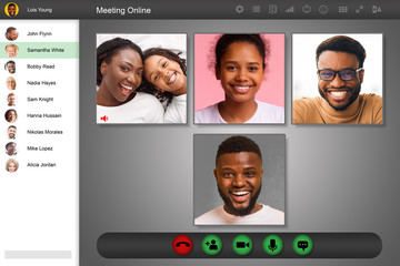 Online communication and web conferences. Group family meeting on computer screen. Collage
