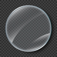 Blank transparent round glass plate. Vector template, mockup banner