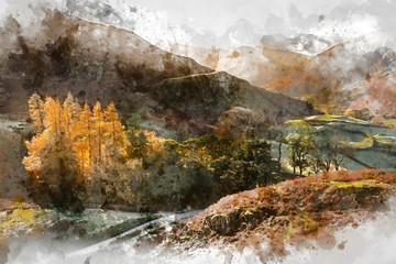 Digital watercolor painting of Majestic Autumn Fall landscape of backlit larch trees in Lake District viewed from Hallin Fell durnig a cold morning