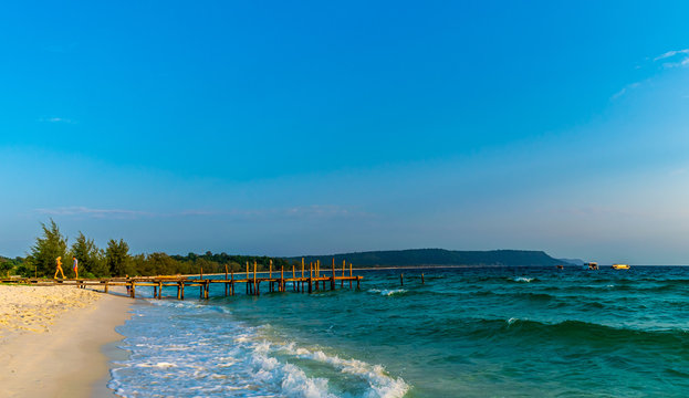 Sok San Beach, Koh Rong, Cambodia- Feb, 2020 : the wooden pier on the Sok San Beach, Koh Rong, Cambodia
