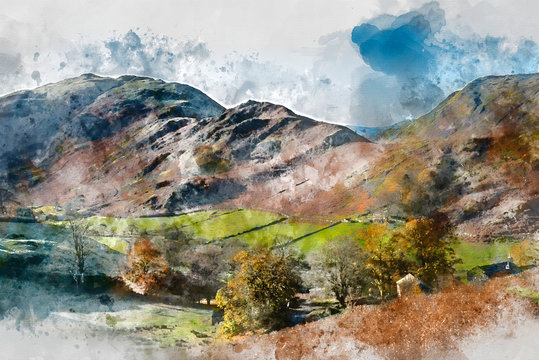 Digital watercolor painting of Majestic Autumn Fall landscape image of Sleet Fell and Howstead Brow in Lake District with beautiful early morning light in valleys and on hills