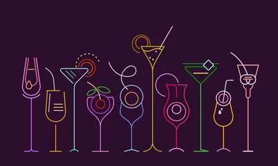 Peel and stick wall murals Abstract Art Neon colors isolated on a dark purple background Cocktails vector illustration. A row of ten different cocktail glasses.