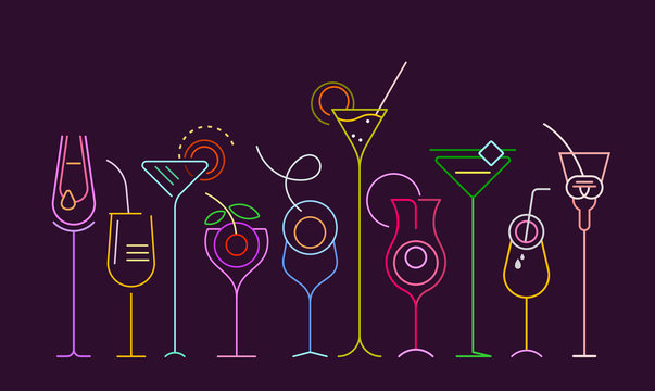 Neon colors isolated on a dark purple background Cocktails vector illustration. A row of ten different cocktail glasses.
