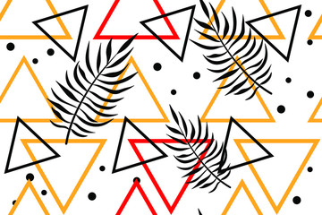 
Triangular ornament with tropical leaves. Bright summer print. Geometric background. Colorful geometric seamless pattern for wallpaper, fabric, clothes, interior. Vector illustration