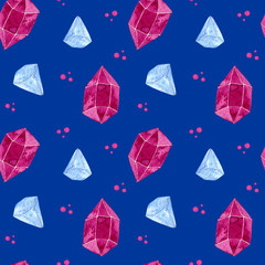 Seamless watercolor pattern red and blue crystals on blue background