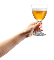 Woman hand holding glass of lager beer isolated on white.