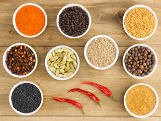 Spice set: red chili pepper, masala, black pepper, cumin, fenugreek, cloves, green cardamom on wooden background