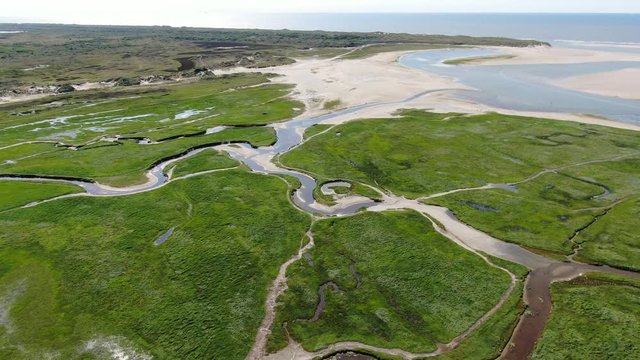 4k aerial video of the Slufter national park on the island of Texel in the Netherlands