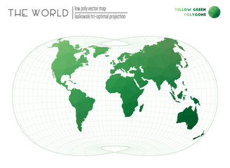 Low poly world map. Laskowski tri-optimal projection of the world. Yellow Green colored polygons. Modern vector illustration.