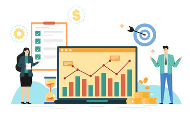Businessman are pointing the top arrow to indicate the trend of business growth,Marketing data analysis,Market strategy thinking,Website banner vector illustration landing page