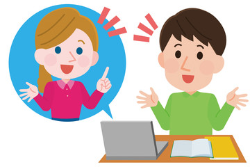 オンライン　英会話　習う男性　女性教師　イラスト