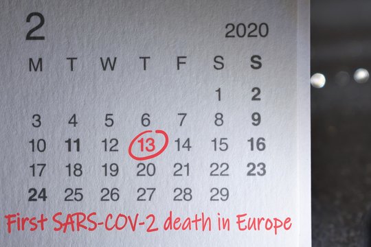 Notebook calendar with mark on February 13, 2020 showing the date of the first sars-cov-2 death in Europe. Commemorative image.