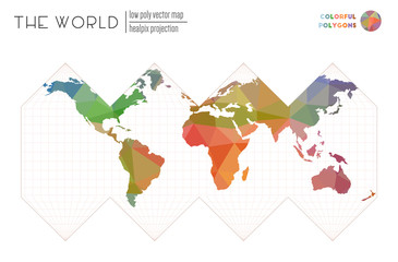 Low poly design of the world. HEALPix projection of the world. Colorful colored polygons. Elegant vector illustration.