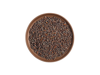 Spice mustard seeds on brown clay plate isolated on white