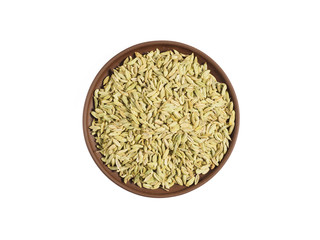 Spice fennel on brown clay plate isolated on white