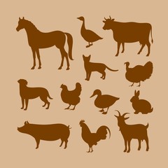 Farm animals silhouettes. Horse, cow, pig, goat, rabbit, cat, dog, goose, chicken, duck, rooster, turkey vector silhouettes