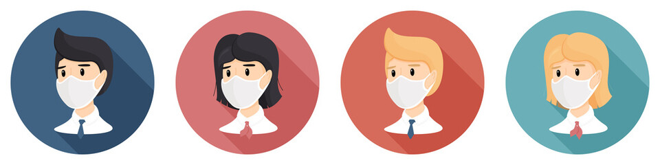 A set of icons with a business girl and a man. Sign-wear masks. protect yourself from the coronavirus. Brunettes and Blonds of European and Asian appearance. Vector illustration, isolated on white