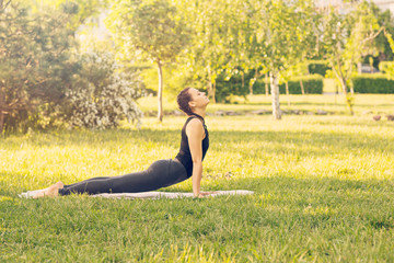 Obraz na płótnie Canvas Young Caucasian woman doing yoga in the Park. Pose the dog's muzzle up
