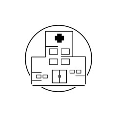 Vector icon of hospital building front silhouette on white background