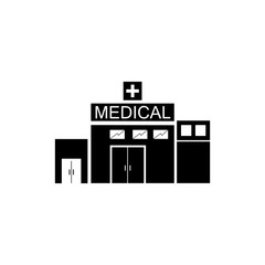 Vector icon of hospital building front silhouette on white background