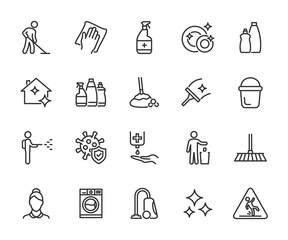 Vector set of cleaning line icons. Contains icons disinfection, detergents, maid, laundry, cleaning services, wet floor, virus protection and more. Pixel perfect. - obrazy, fototapety, plakaty