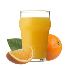 Glass of orange juice and slices of orange fruit isolated on white