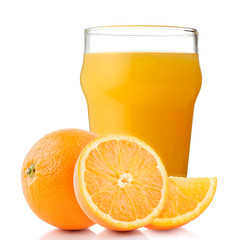 Glass of orange juice and slices of orange fruit isolated on white