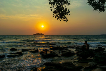 White Beach, Koh Rong, Cambodia- Feb, 2020 : a beautiful sunrise from the White Beach, Koh Rong,...