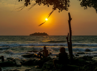 White Beach, Koh Rong, Cambodia- Feb, 2020 : a beautiful sunrise from the White Beach, Koh Rong,...