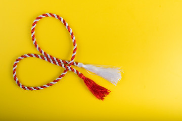 Spring time flowers like snowdrops, hyacinth and roses, isolated on yellow simple background, spring symbol and traditional romanian 