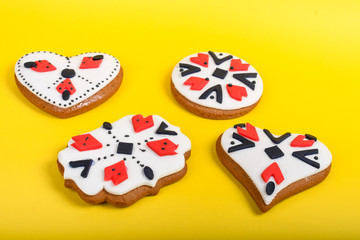 Milk and cookies for Easter, Christmas, 1st of March, 8th of march, Martenitsa or Martisor Day, Xmas, Valentine's Day Brunch buffet concept.Handmade dessert artisanal authentic and traditional pattern