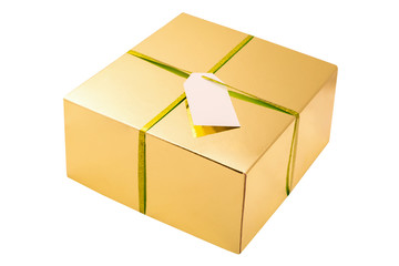 Golden square box with bibbon and blank white card isolated on white background. Golden gift box isolated on white background