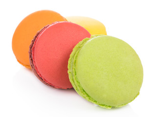 Sweet and colourful french macaroons on white background, Dessert.