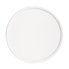 White round paper lid isolated on white background. Paper round lid mockup isolated on white background. Flat lay. Top view
