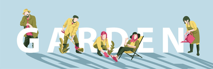 Vector Garden worker humans with supplies on blue background
