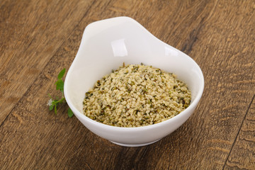Peeled hemp seeds in the bowl
