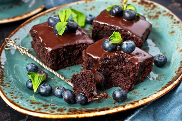 Dark chocolate brownie  pieces with  berries