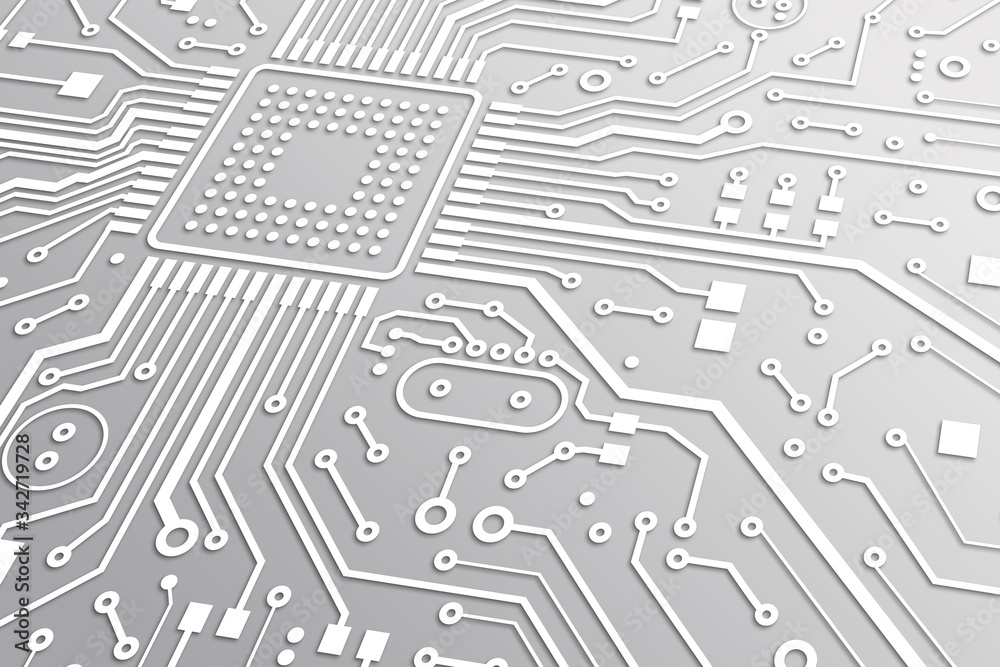 Poster High tech. Macro illustration of circuit board with microchip and white lines