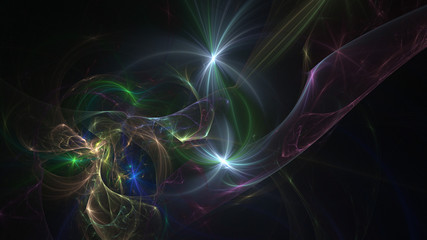 Abstract colorful blue and green glowing shapes. Fantasy light background. Digital fractal art. 3d rendering.
