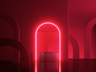 3d render, abstract modern red neon background. Shiny frame with copy space. Glowing round arch over cylinder podium, empty performance stage, blank platform for product displaying