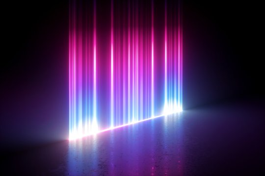 3d render, digital illustration, abstract neon background, vertical glowing lines, bright light, laser rays on the dark stage