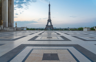 Paris, France - 04 25 2020: View of the Eiffel Tower from the Trocadero esplanade during the...