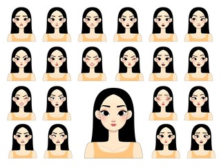 young asian girl woman with different facial expressions, emotions set, flat design
