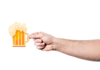 Man hand holding beer glass. Photo and color flat illustration