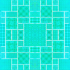 Turquoise aquamarine vintage retro geometric square rectangle mosaic stamp art motif cement tiles print texture background