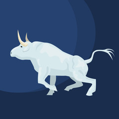 White bull - a symbol of the new year on the eastern calendar. Bull runs, jumps forward, vector illustration