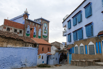 Residential building facades in the city of Chefchaouen in Morocco.