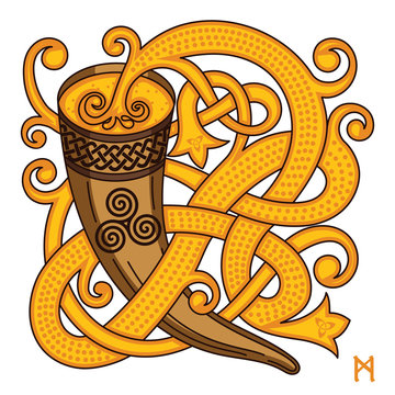 Celtic, Scandinavian Design. Drinking Horn With Mead And Woven Pattern