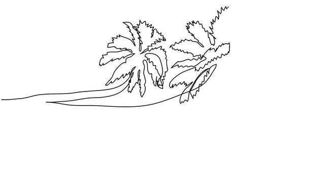 Animation of continuous line drawing of palm trees on beach.