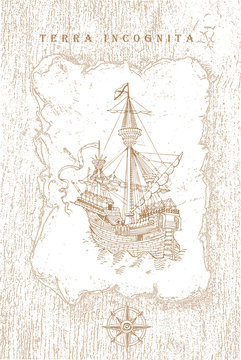 vector image of a vintage caravel in old engraving style	